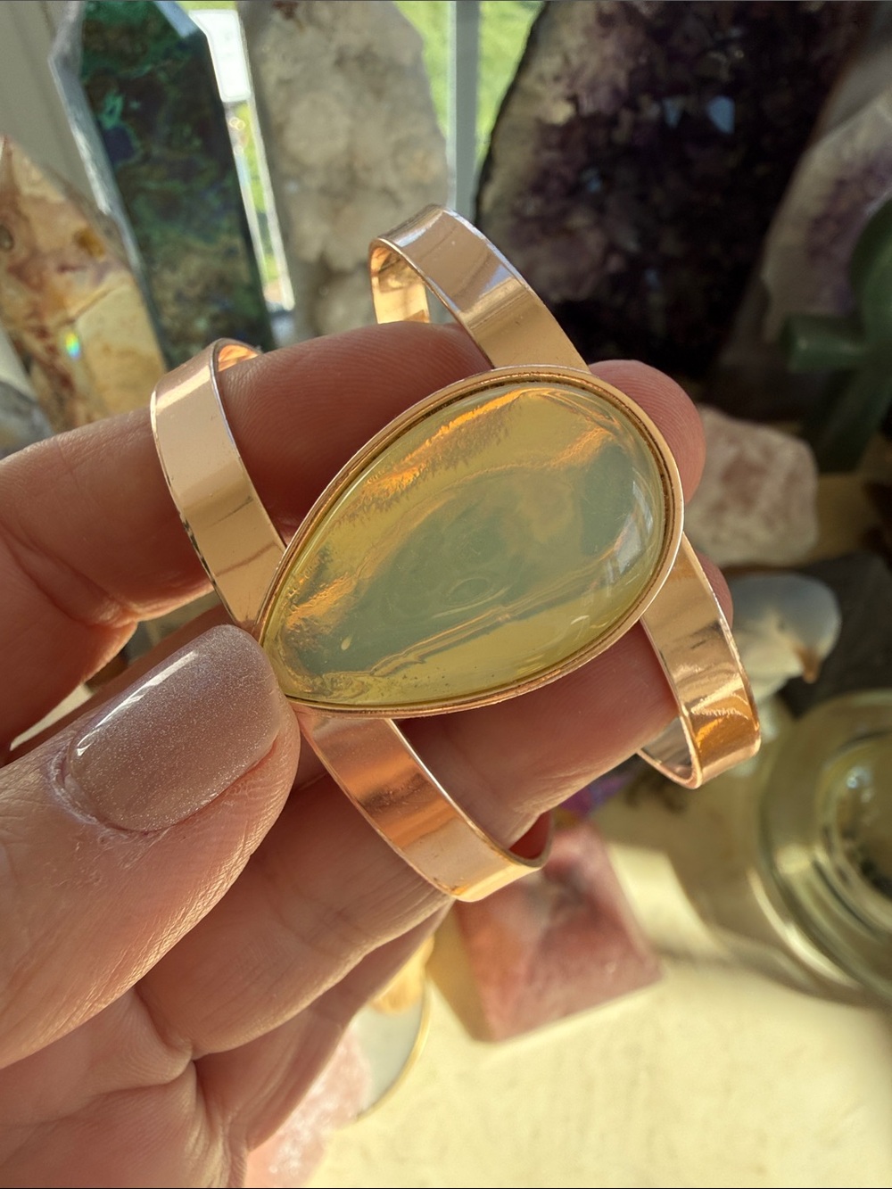 Rose Gold Opalite Cuff Bracelet with Opalescent Yellow Stone - Women's Jewelry